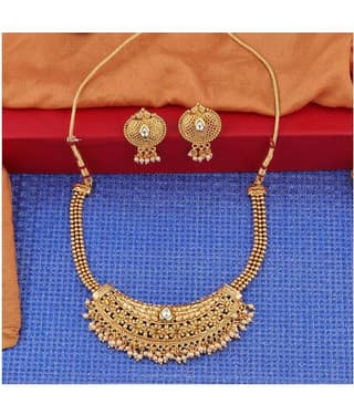 Silver Shine Alloy Golden Choker Traditional Gold Plated Necklaces Set