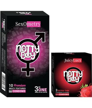 NottyBoy 3-In-One Ribbed Dotted Contoured and Strawberry Flavoured Condoms - Set of 2, 13 Pieces