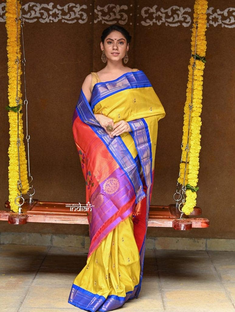 Exclusive Rajsi~ Pure Silk Handloom - Maharani Paithani in Bright Yellow with Electric Blue Border, Authentic Pure Silk view 2