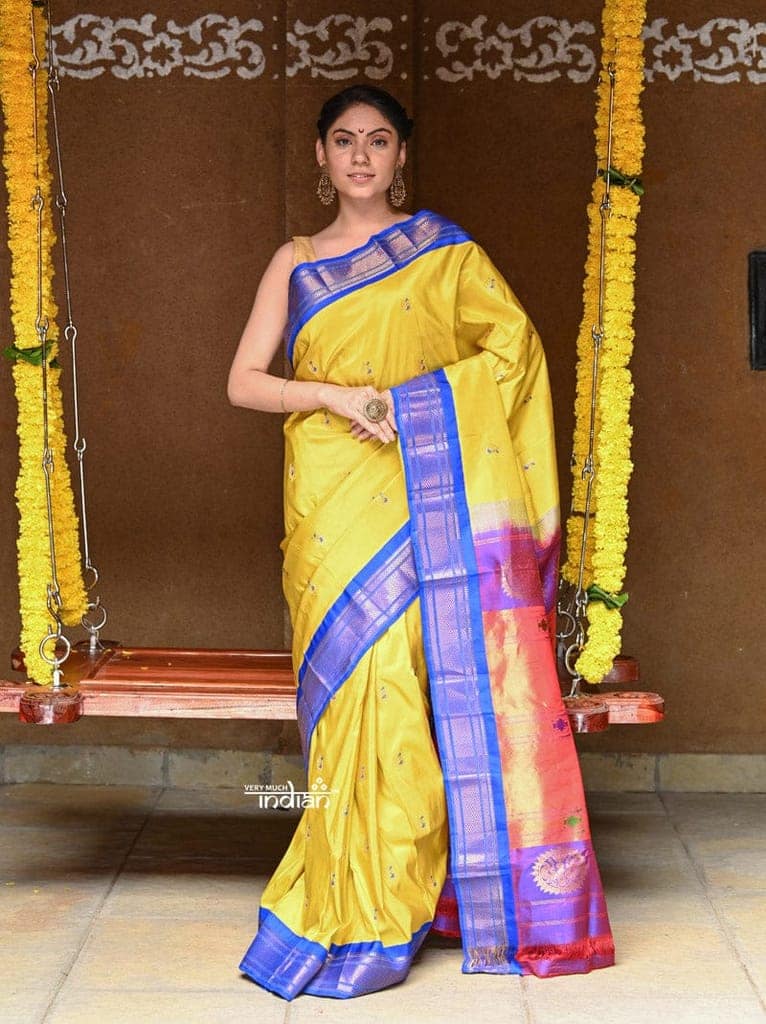 Exclusive Rajsi~ Pure Silk Handloom - Maharani Paithani in Bright Yellow with Electric Blue Border, Authentic Pure Silk view 4