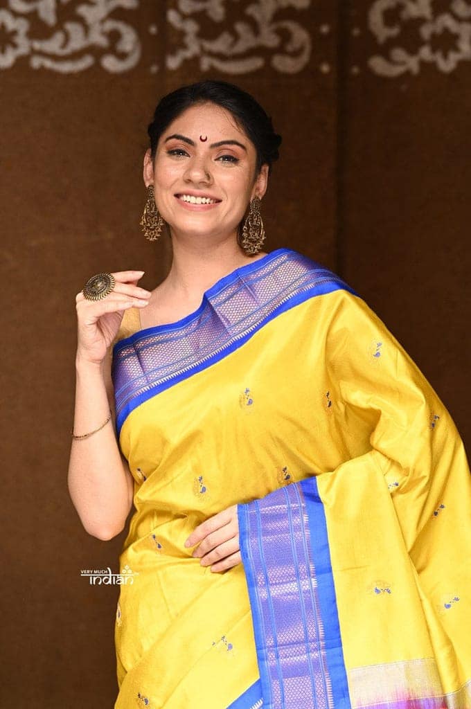 Exclusive Rajsi~ Pure Silk Handloom - Maharani Paithani in Bright Yellow with Electric Blue Border, Authentic Pure Silk view 5