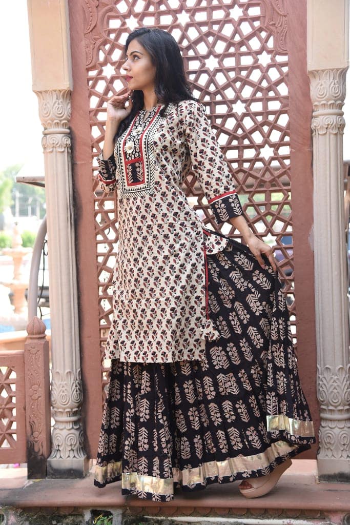 Bagru Handblock Print Cotton Kurta-Skirt Set – Black view 4