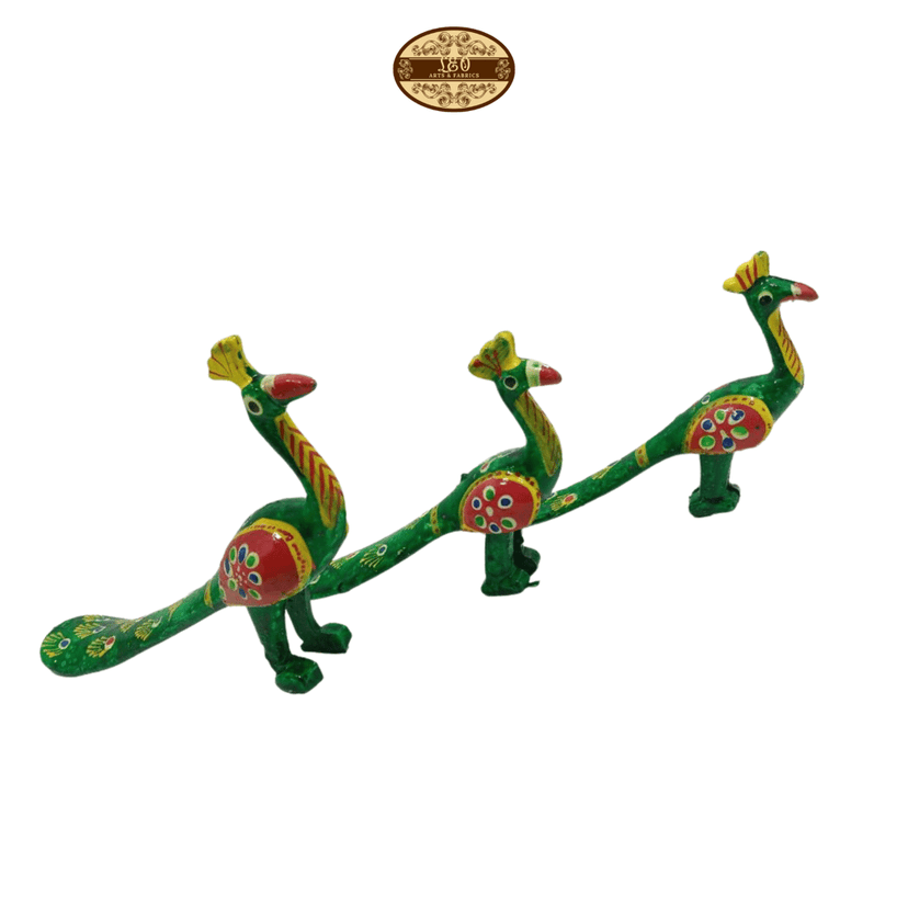 Handcrafted Paper Mache Peacock Figurine, Set of 3, Green