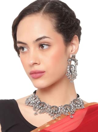 Cardinal Oxidized Silver Color Choker Necklace Set