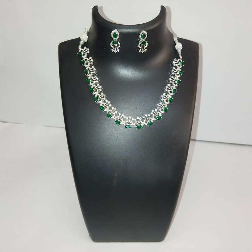 American Diamond Necklace Set with Green Stones and Earrings for Women view 2