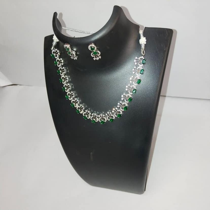 American Diamond Necklace Set with Green Stones and Earrings for Women view 4