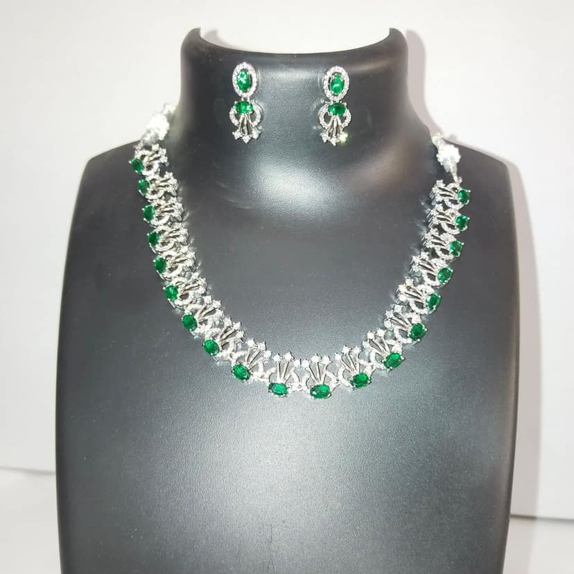 American Diamond Necklace Set with Green Stones and Earrings for Women view 5