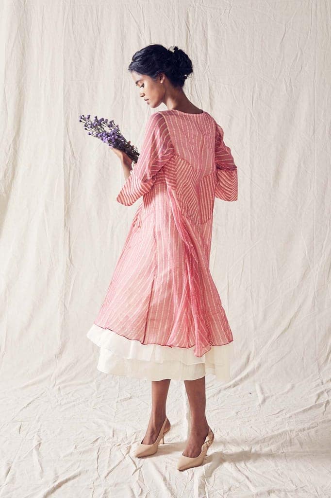 Dusted Pink Batik Layered Midi Dress On Handloom Kota Doria And Off White Checks Cotton Khadi Mulmul view 2