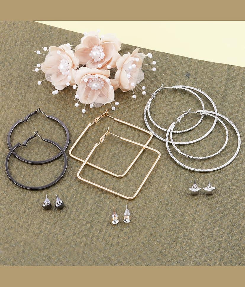 Silver Shine Stylish Fashion Earring Combo 3 Bali With 3 Studs Set For Women Girls view 2
