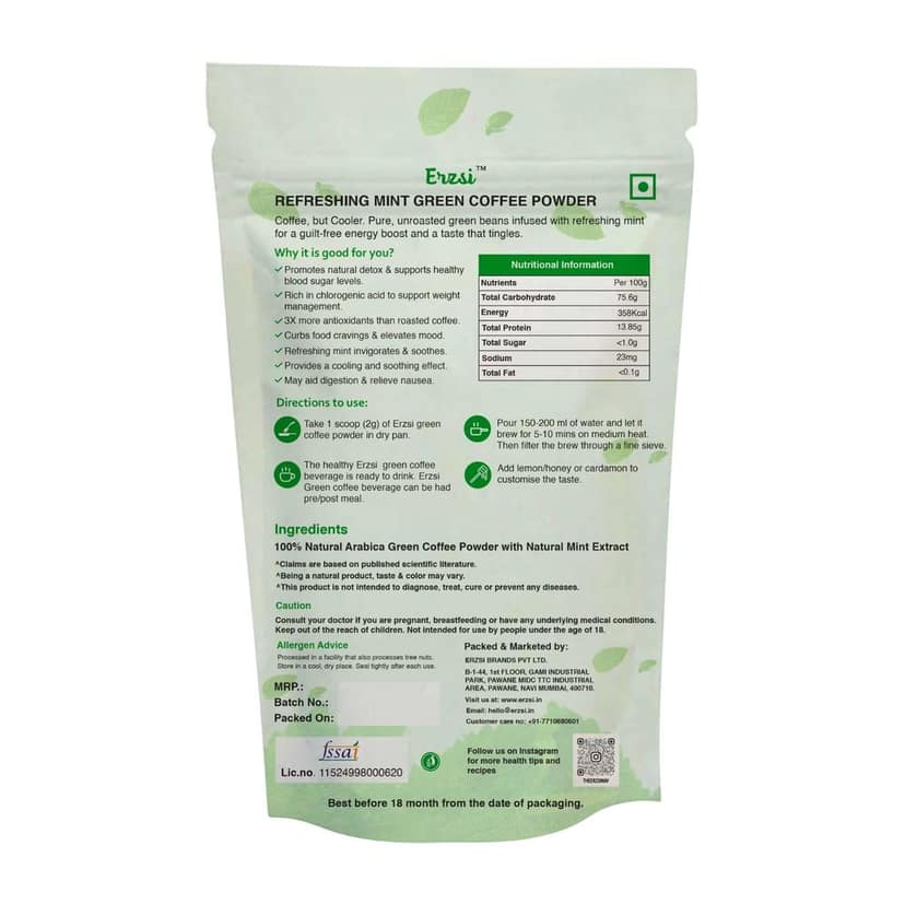 ERZSI Mint Green Coffee Powder | Weight Loss Supplement | Natural Energy & Digestion Support | Green Coffee Beans for Weight Loss | 3x Antioxidants | 200g view 2