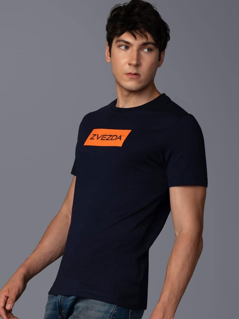 Men’s Branded Lightweight Cotton Round Neck T-Shirt-Navy view 3