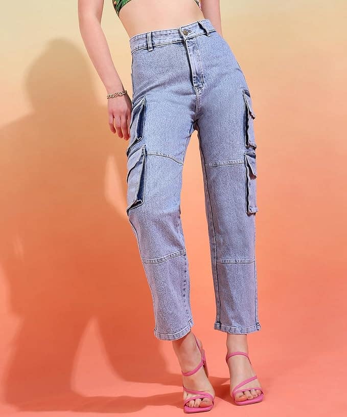 Glossia Fashion Light Blue Women Cargo Jeans | High Waist Stretchable Wide Leg Straight Fit Denim| Boyfriend Jeans for Women - 30 view 2