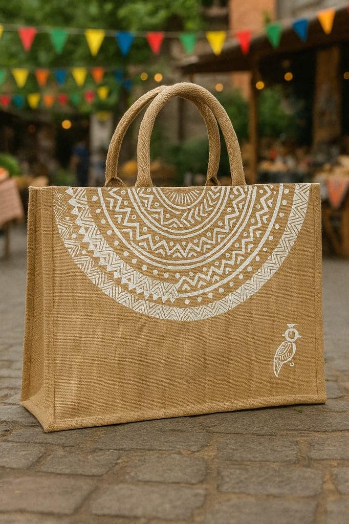 ECOCASK Eco Reusable Jute Bags | Printed Lunch & Grocery Bags – Pack of 2 Large Heavy Duty Shopping Totes view 2