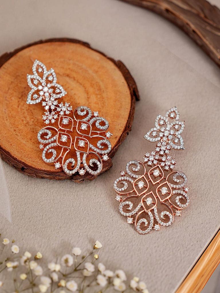 Rose Gold Plated AD Studded Luxe Chandelier Designer Earrings view 2