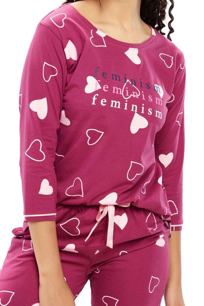 ZEYO Women's Cotton Red Heart Printed Night suit set view 2
