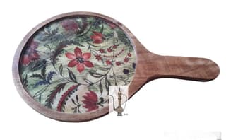 Sara Home Mango Wood Serving Pizza Platter/Chipdip/Dosa/Chees/Snacks Tray Printed Enamel Serving Platter with Handle Appetizer Plate Serving Platter
