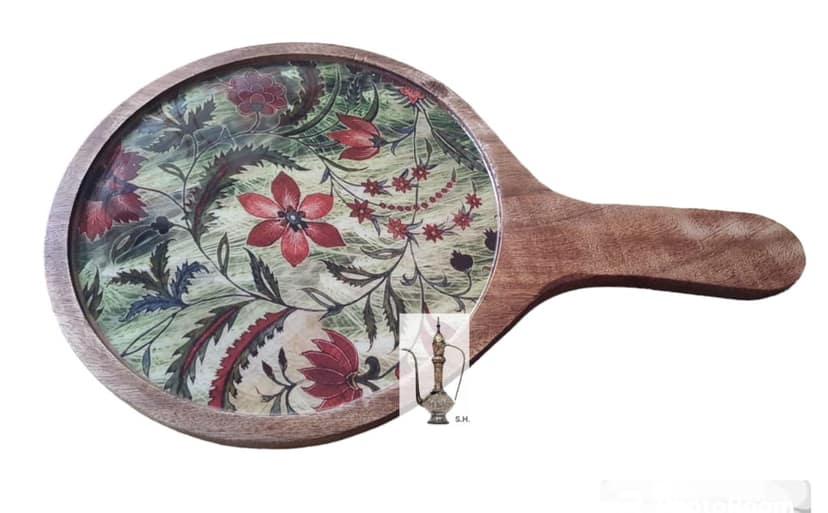 Sara Home Mango Wood Serving Pizza Platter/Chipdip/Dosa/Chees/Snacks Tray Printed Enamel Serving Platter with Handle Appetizer Plate Serving Platter