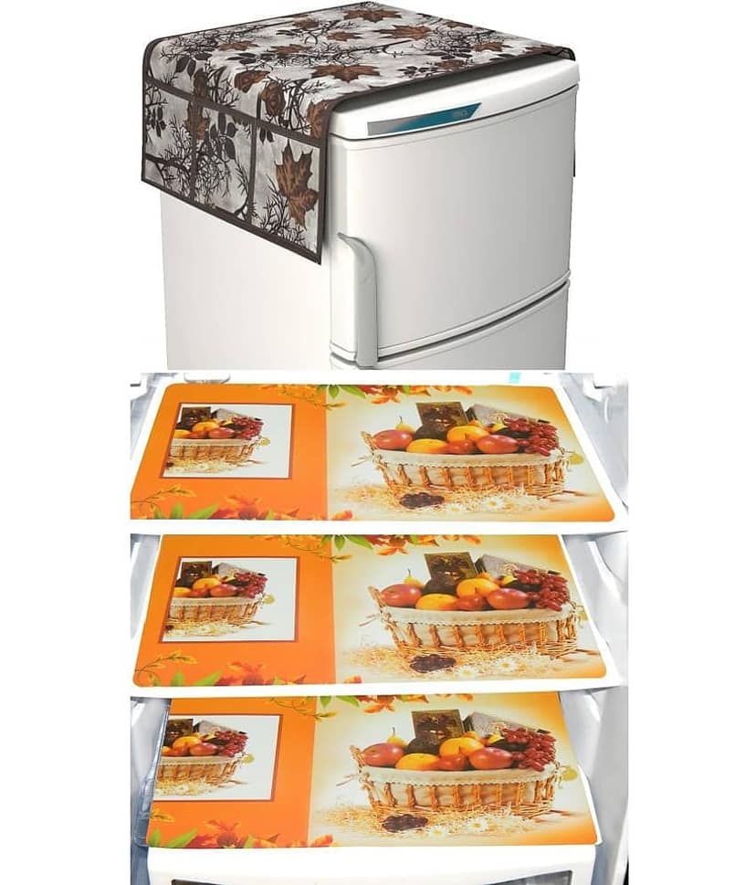 SHUBH Polyester Floral Fridge Mat & Cover ( 99 58 ) Pack of 4 - Brown