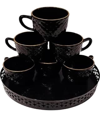 R.R.V. International BLACK 6 CUP WITH METAL TRAY Plain Steel Dinner Set ( Pack of 1 ) Multicolor