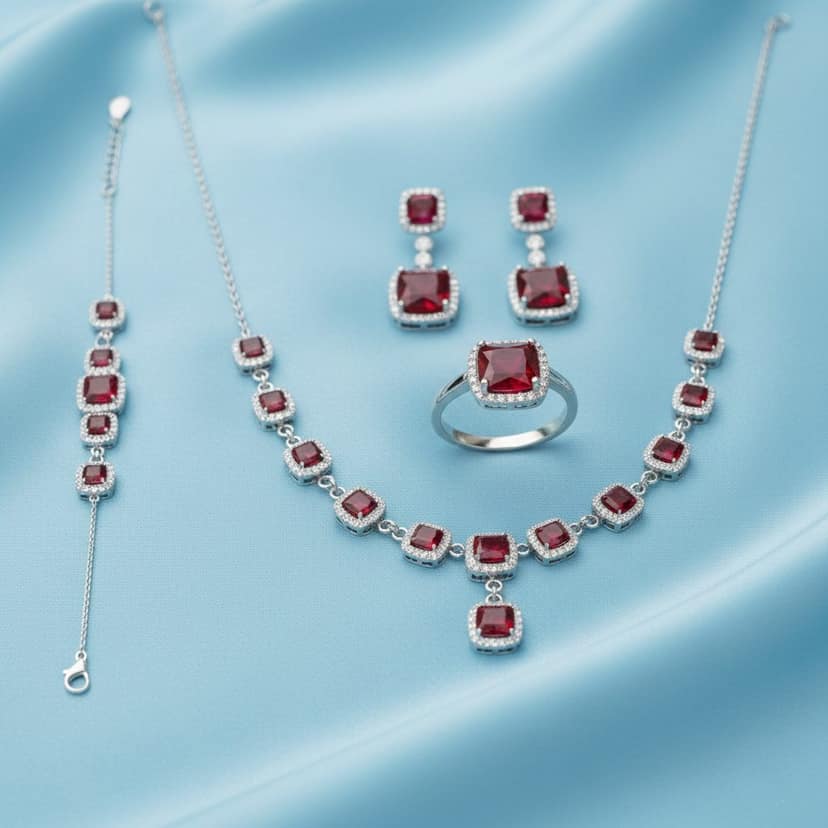 AXORA LIFE 925 Premium Sterling Silver Jewelry Set with Square Ruby Stones