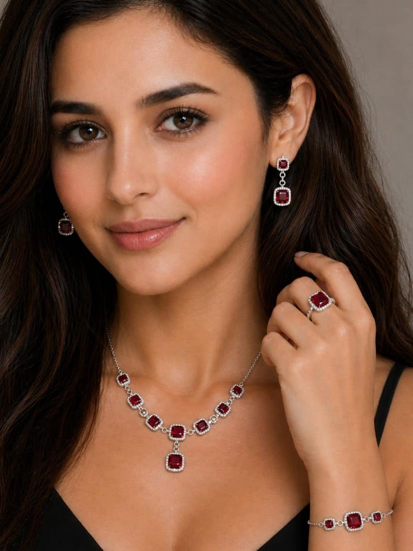 AXORA LIFE 925 Premium Sterling Silver Jewelry Set with Square Ruby Stones view 2