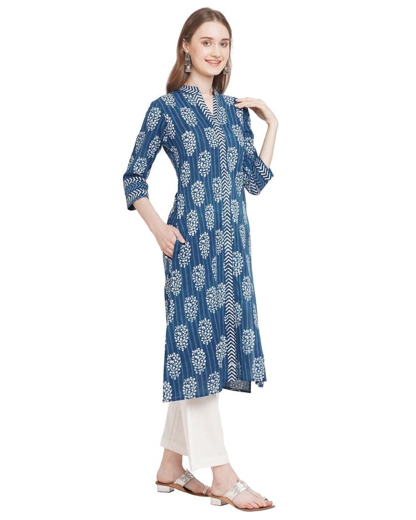 "Neel Phul" indigo handcrafted pure cotton kurta for women view 5