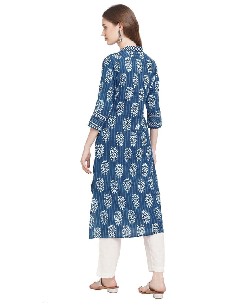 "Neel Phul" indigo handcrafted pure cotton kurta for women view 8