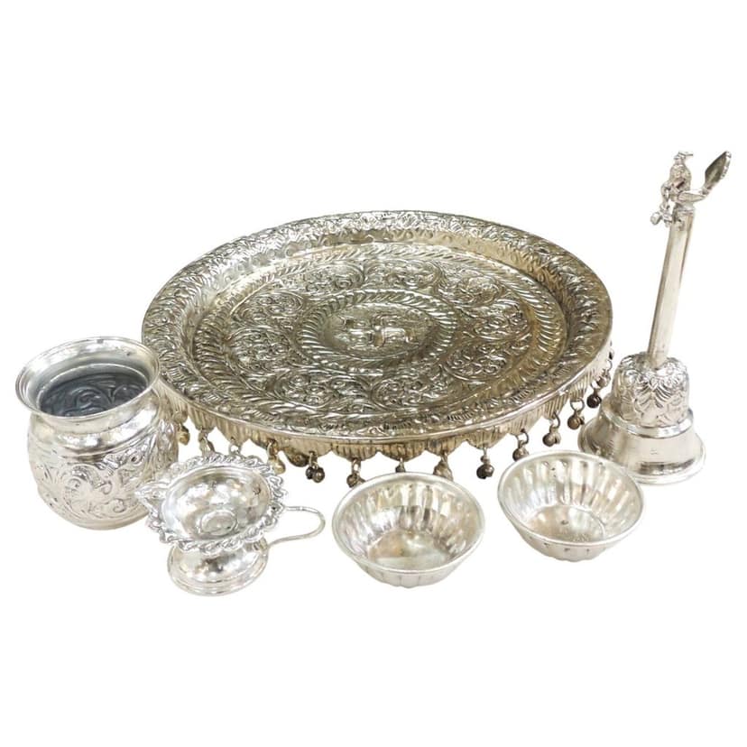 Brass Puja Thali Set | Complete Pooja Plate Set For Home Mandir, Height : 1.5 Inch (ZMAS609 C) view 2