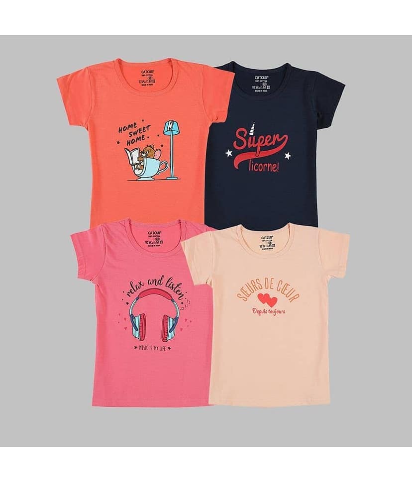 CATCUB Pack of 4 Girls 100% Cotton T-Shirt ( Multicolor )