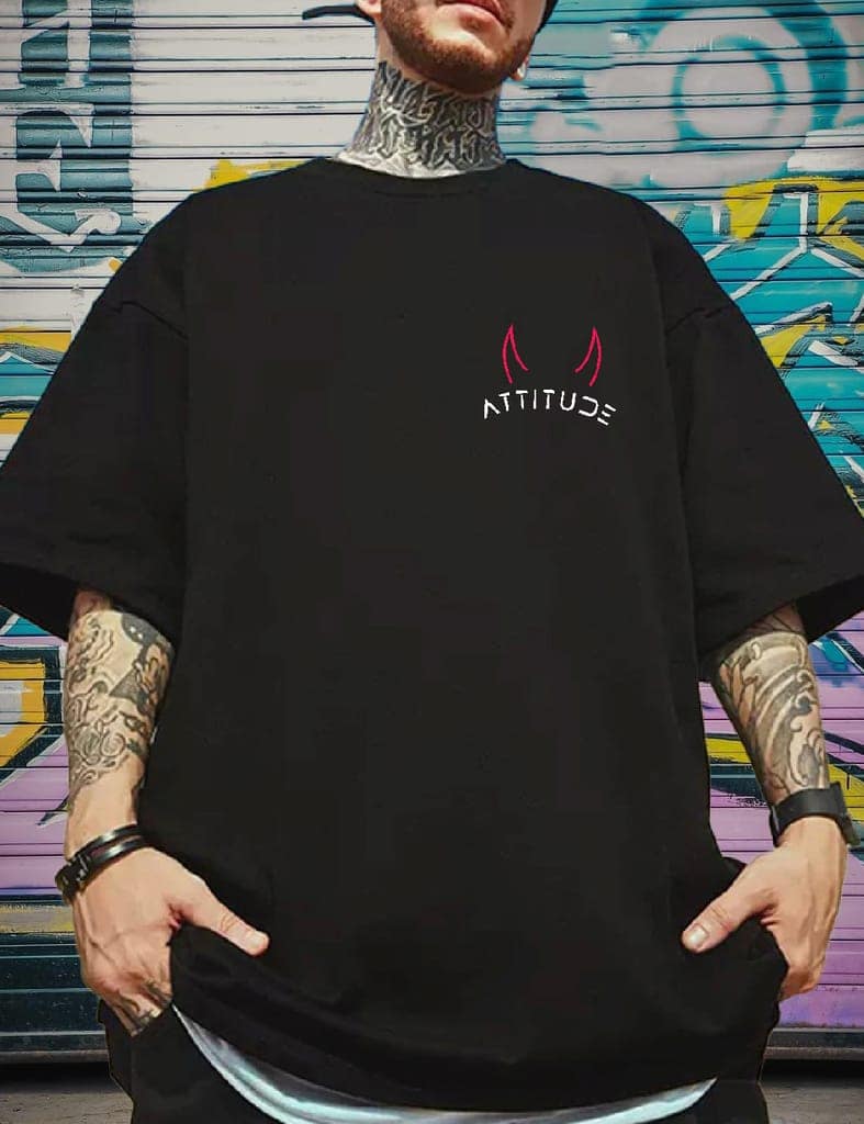 Scott Fincher Oversized Men's Attitude T-Shirt, Casual Short Sleeve Crew Neck Graphic Tee Tops : AA(ARN)BLACK_55 view 3