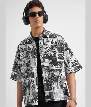 Highlander Poly Cotton Boxy Printed Half Sleeves Men's Casual Shirt - Black ( Pack of 1 )
