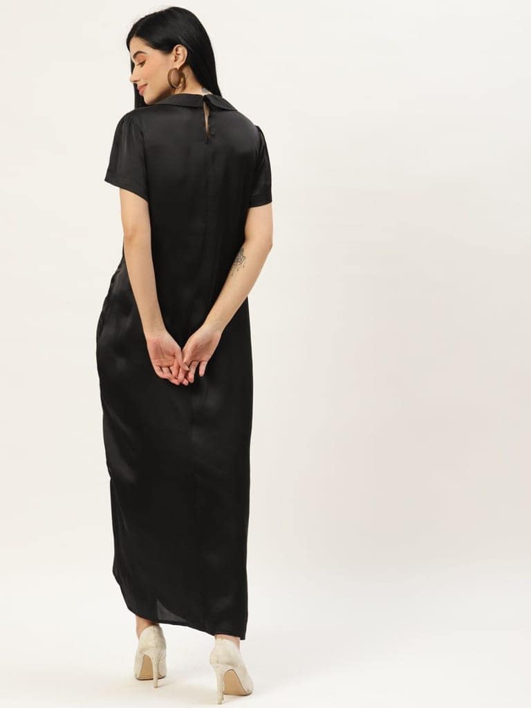 Women Black Solid Ruched Satin Maxi Dress view 4