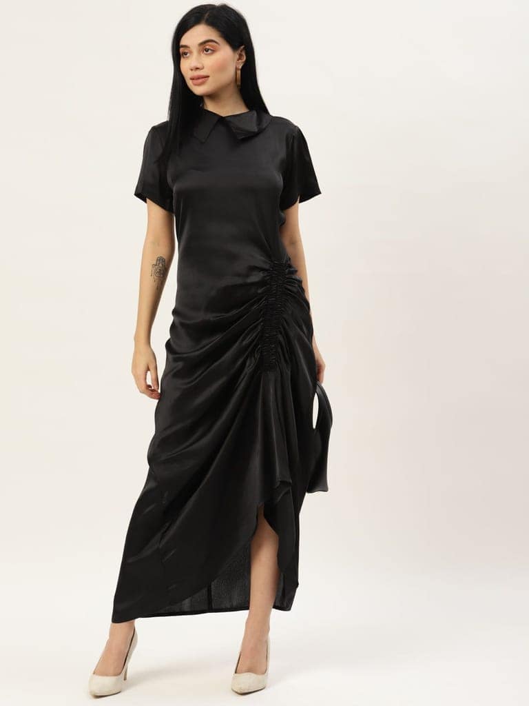 Women Black Solid Ruched Satin Maxi Dress view 5