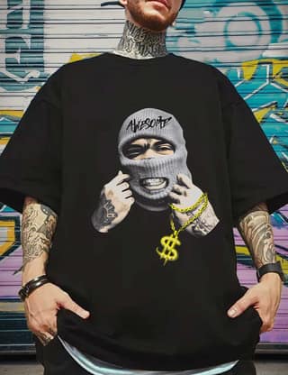 SCOTT FINCHER Men's Casual Short Sleeve T-Shirt with Awesome Masked Man Graphic : AA(ARN)BLACK_165