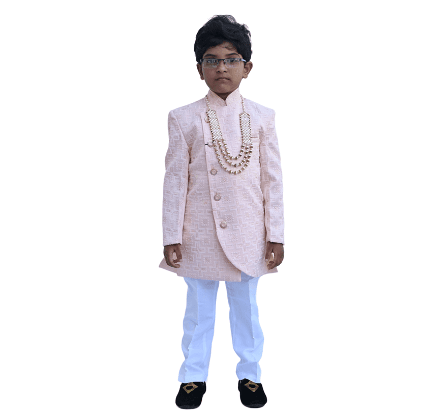 JOYHAAT Kids Boy's Indo western Stylish Party/Wedding/Festival Dress/Ethnic Sherwani Set With Peach Chikan Embroidered Kurta, White Pyjama And Pearl Necklace