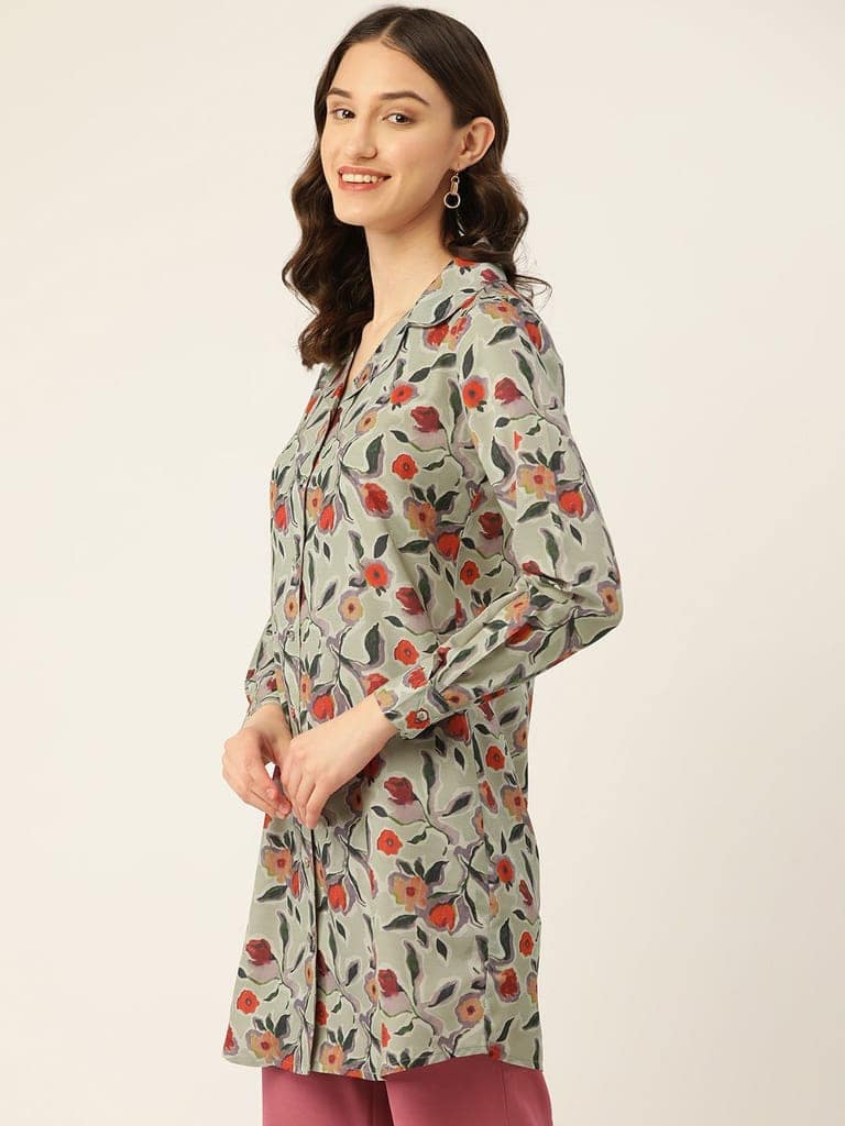 Floral Print Crepe Shirt Style Longline Top view 3