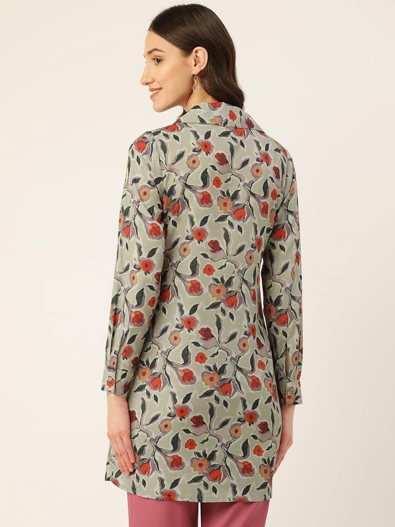 Floral Print Crepe Shirt Style Longline Top view 4
