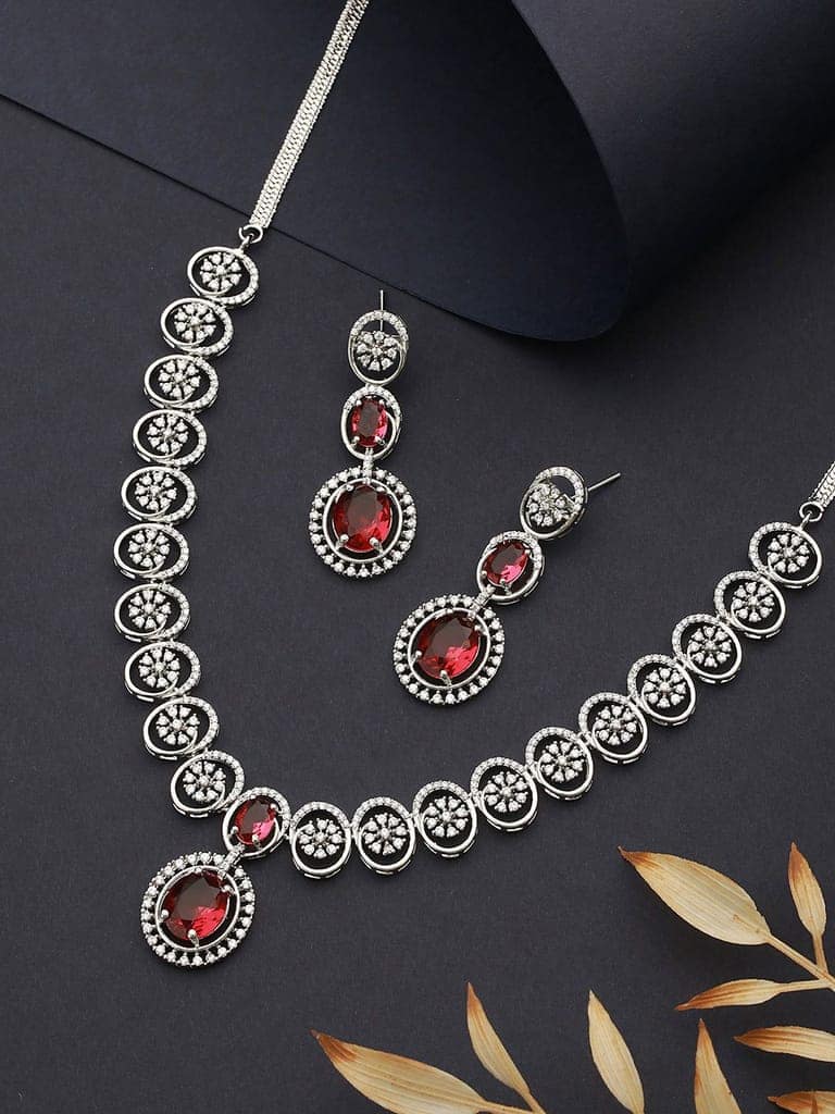 Rhodium Red Ruby Zircon Studded Delicate Contemporary Necklace Jewellery Set view 3