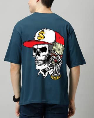 SCOTT FINCHER Men's Casual Short Sleeve T-Shirt with Skull Graphic and Money : AA(ARN)TBLUE_196