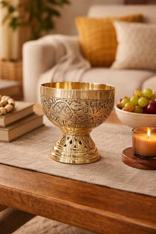 Golden Bronze Etched Decorative Bowl - Handcrafted Artistic Design