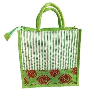 Eco-Friendly Jute Handbag with Stylish Green Accents & Pattern (T)