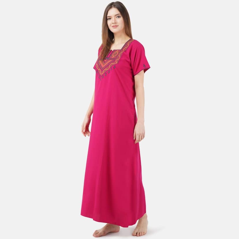 VALENCIA SLEEPWEAR Cotton LizzyBizzy Embroidery Nighty Nightwear Maxi Nightgown Plain Pink view 4