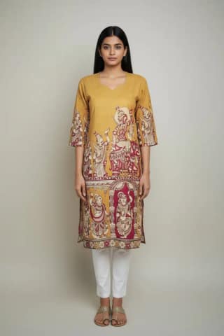 Kalamkari Print Cotton Kurti Mustard Gold