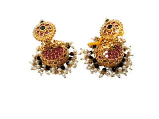 Rubans 22K Gold Plated Earrings With Peacock Design, Stone And Pearls.