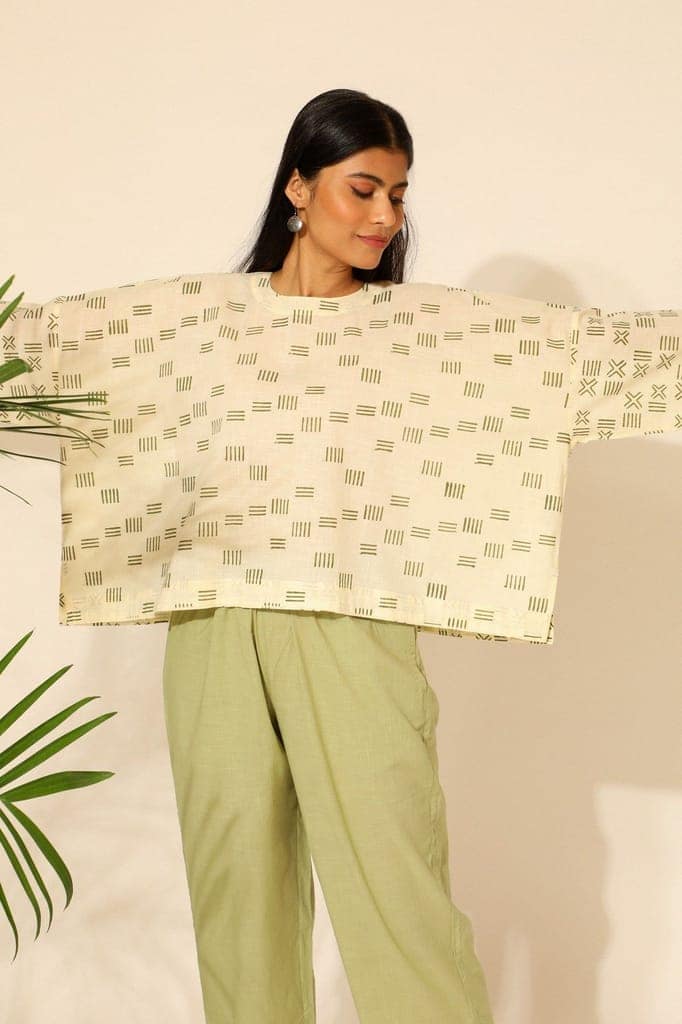 Tiera White And Green Block Printed Boxy Top view 3