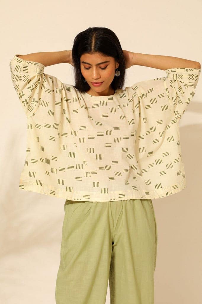 Tiera White And Green Block Printed Boxy Top view 4
