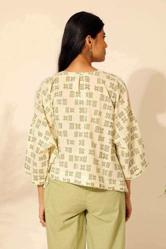 Tiera White And Green Block Printed Boxy Top view 5
