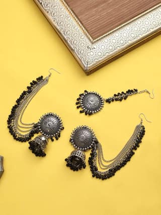 Cardinal Oxidized Silver Color Black Beads Maang Tika & Earrings