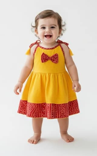 Mom and Me Baby Girls Pure Cotton Chikankari Frock with Bandhani Border | Sleeveless Shoulder Strap Dress | Soft Cotton Lining | Summer Wear (in, Age, 6 Months, 12 Months, Regular, Yellow)