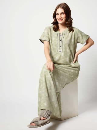 Zeyo Women Micro Polyester Light Blue Leaf Print Nighty